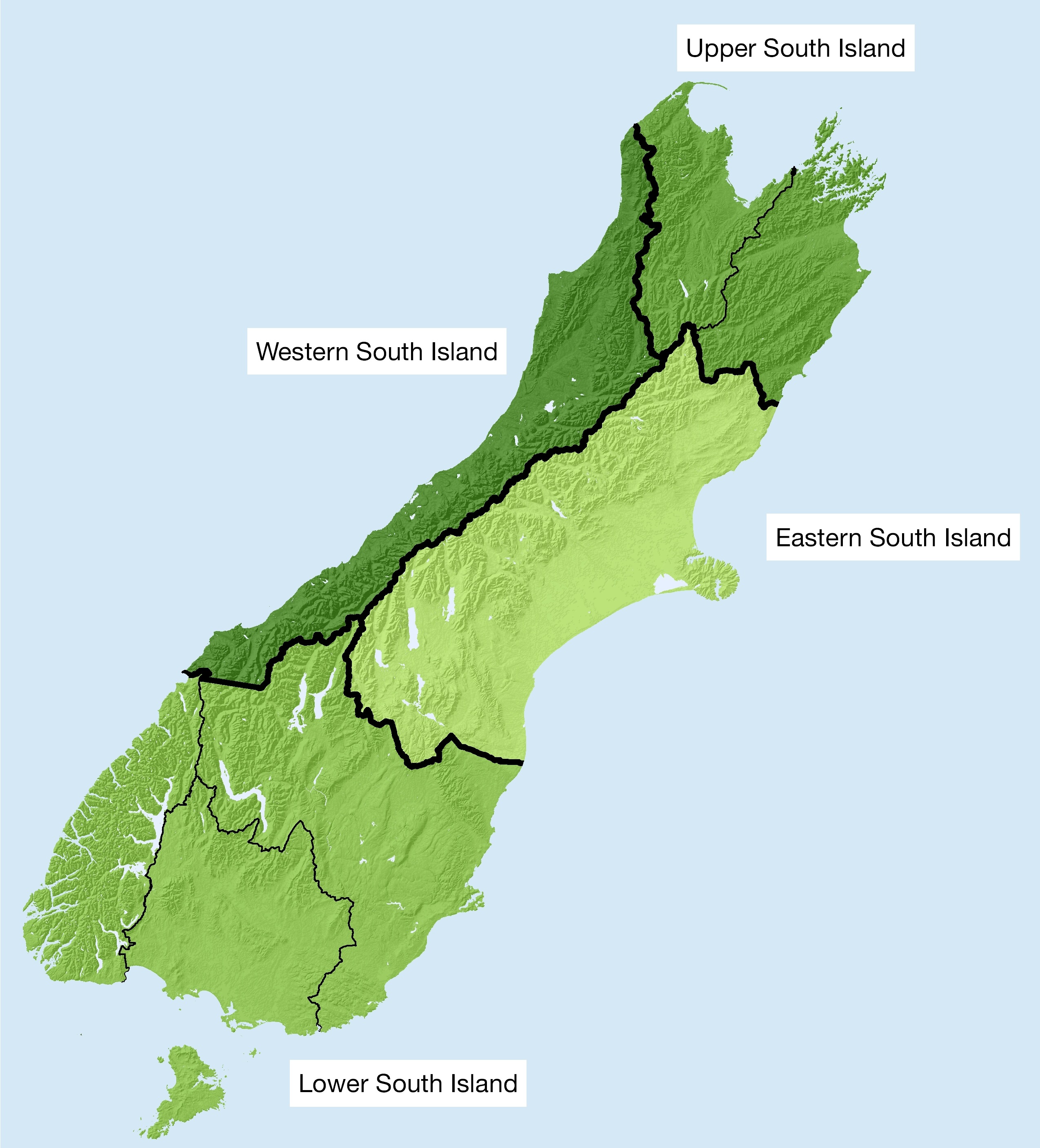 Map of the South island, displaying the different region groups.